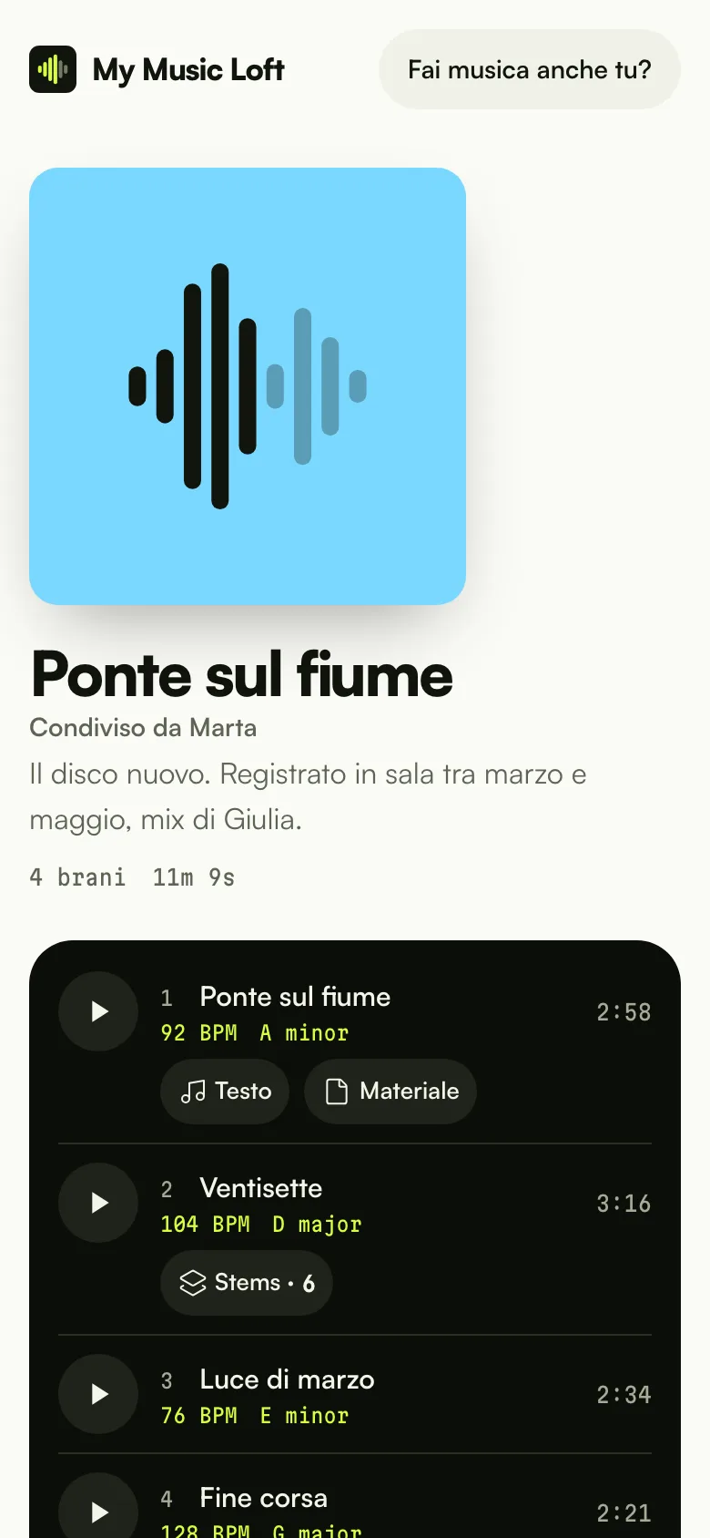 Il link pubblico aperto sul telefono: copertina, titolo e player con la forma d'onda